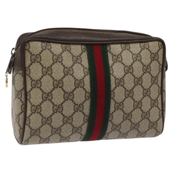 GUCCI GG Supreme Web Sherry Line Clutch Bag PVC Beige Green 56 01 012 Auth yb747 - Picture 1 of 14